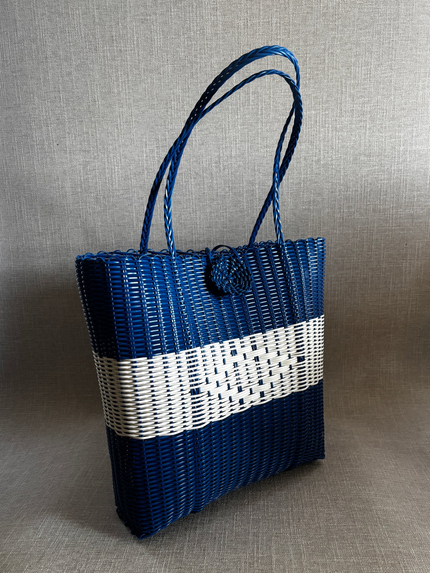 Hand Woven Basket Tote - Navy and White