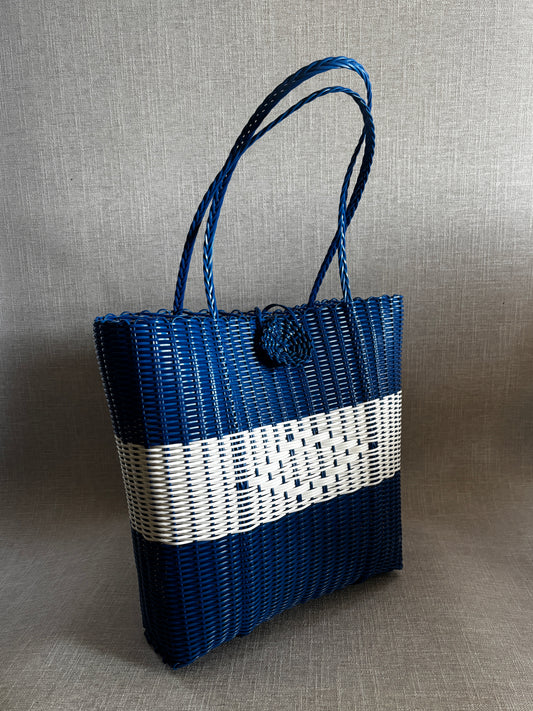 Hand Woven Basket Tote - Navy and White